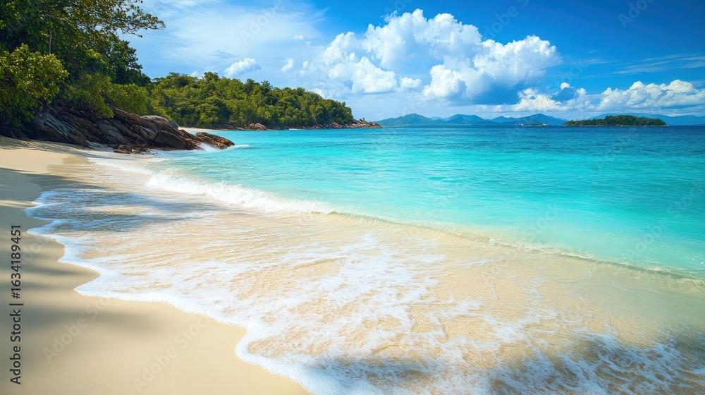 Fototapeta premium Tropical beach scene with turquoise water and white sand.