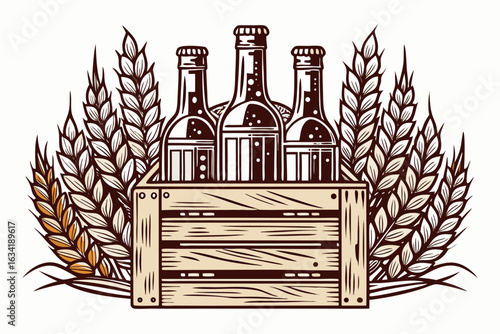 Vintage beer bottles in a wooden crate with wheat ears isolated on white background