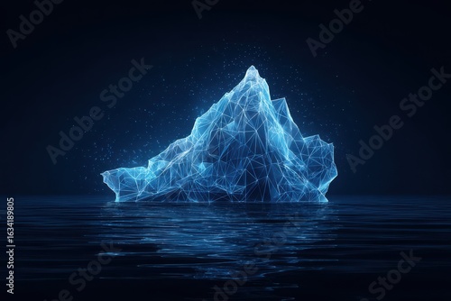 Digital Antarctic iceberg in the ocean in futuristic polygonal style on dark blue technology background. Abstract Metaphor of Big Data or hard work to success. Low poly wireframe.