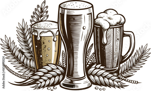 Three glasses of beer with wheat isolated on white background, a refreshing and celebratory drink