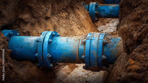 Wallpaper Mural Underground construction of large blue water pipe system in earthy trench Torontodigital.ca