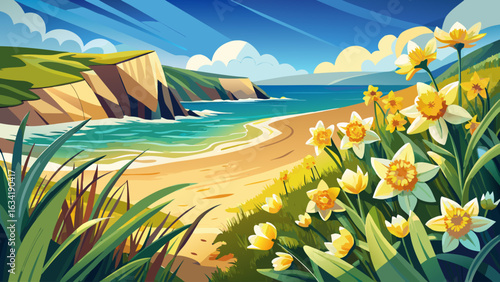 very Beautiful, Daffodils at Beer beach in Devon in spring sunshine 