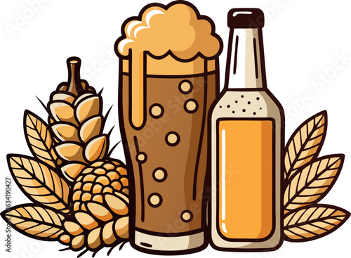 Illustration of beer glass and bottle with hop plant isolated on white background, perfect for brewery design