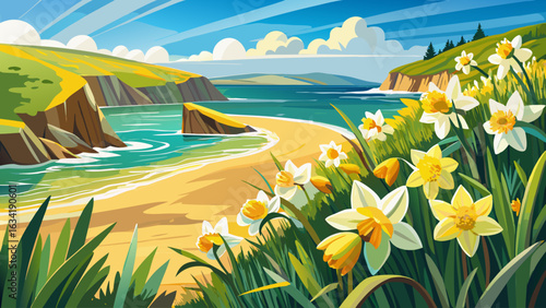 very Beautiful, Daffodils at Beer beach in Devon in spring sunshine 