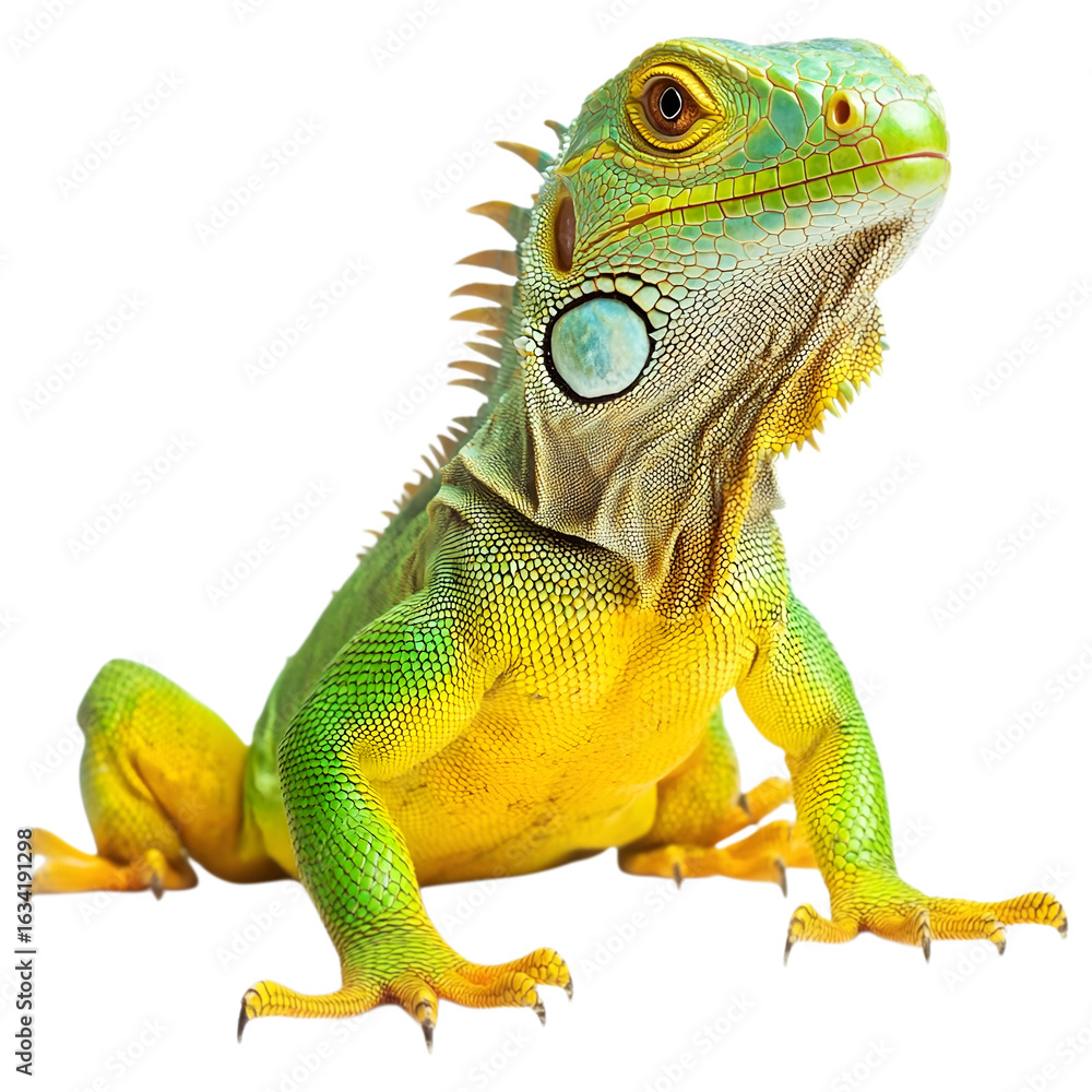 Obraz premium Cute Green and Yellow Iguana on Transparent Background.