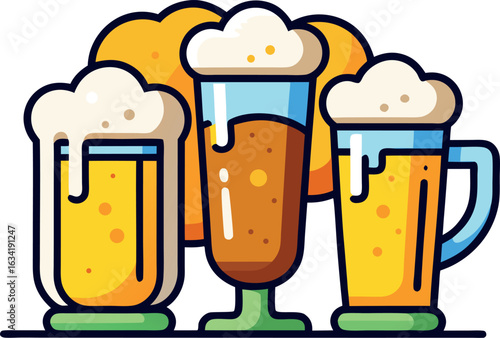 Three colorful beer glasses with foam in a modern cartoon style isolated on white background illustration