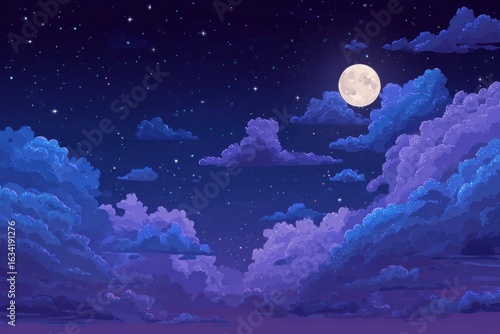 Fototapeta Naklejka Na Ścianę i Meble -  Night blue and purple gradient starry sky with full moon and fluffy clouds in anime style. Cartoon vector illustration of beautiful dark cloudscape scene under moonlight. Comic.