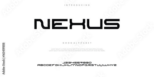 Nexus futuristic minimalist display font design, alphabet, typeface, letters and numbers, typography.