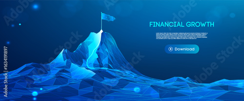 Tech success mountain concept with business growth background and leadership vision. Abstract 3D path with achievement arrows for career goals and AI opportunities. Polygon vector illustration of entr