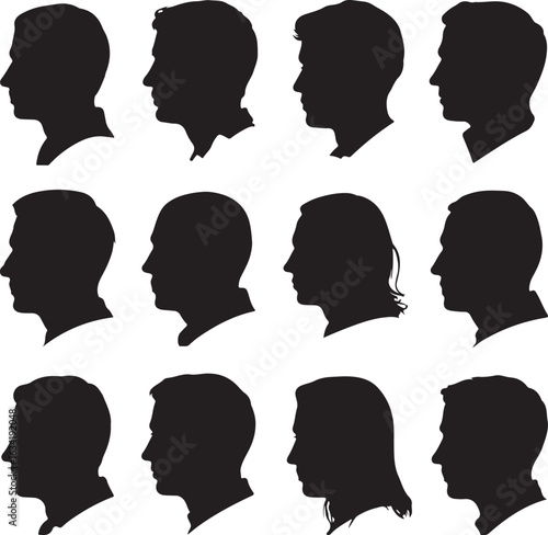 Twelve male head profile silhouettes heads faces