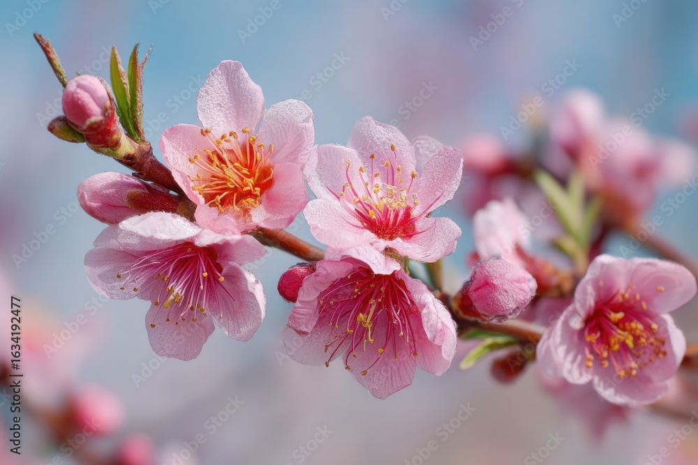 Fototapeta premium Peach Orange Japanese Cherry Blossoms Under Spring Sky.