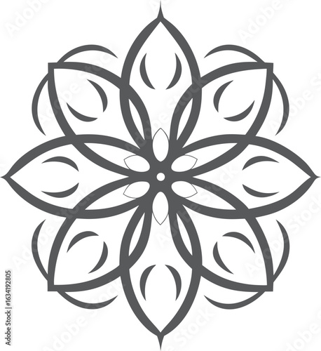 Abstract floral mandala design in bold outline, intricate black and white vector illustration, decorative symmetrical flower pattern, detailed line art for coloring, tattoo, or graphic projects