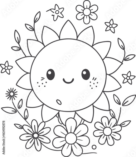 Cute kawaii sun coloring page for kids, black and white vector illustration of smiling sun, cartoon-style line art, fun printable worksheet for children’s creative coloring activities