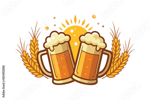 Two beer mugs toasting with wheat and sun isolated on white background in cartoon style, cheers