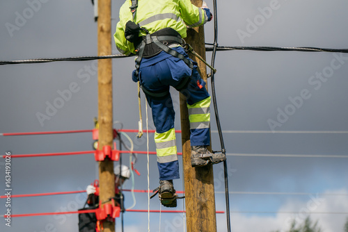 Electric utility worker climbing wooden power pole with safety gear and fall protection equipment during training or maintenance work on overhead electrical distribution lines