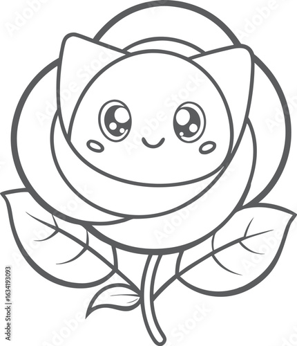 Cute kawaii rose coloring page for kids, black and white vector illustration of smiling flower, cartoon-style floral line art, fun printable worksheet for children’s coloring activities