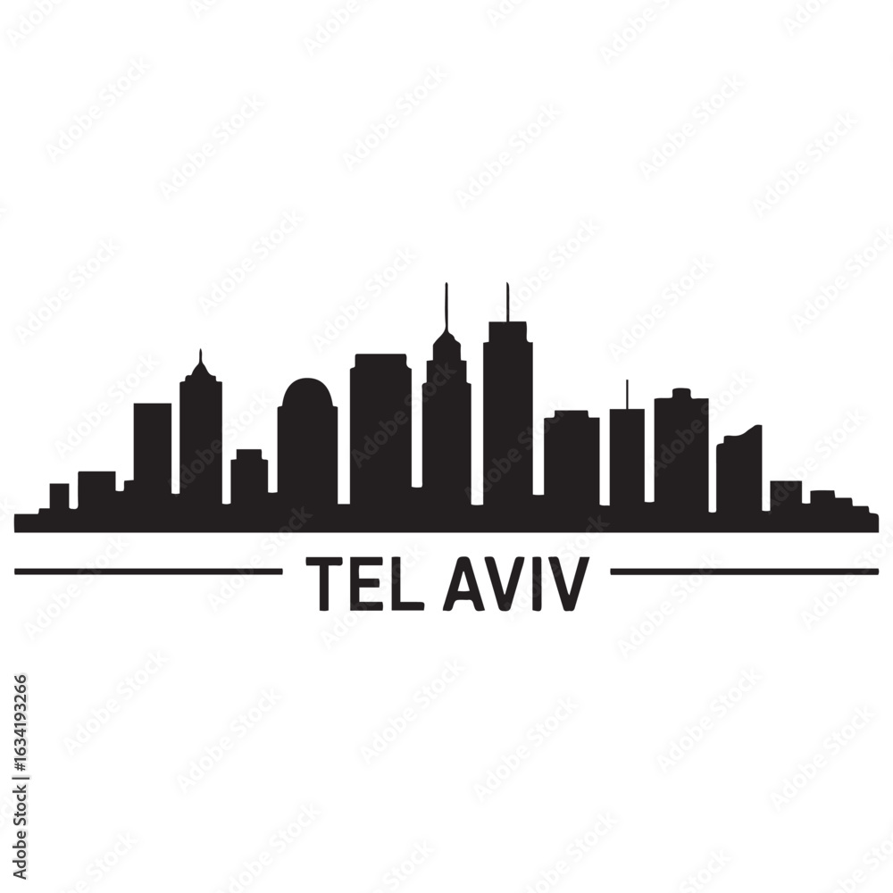 Naklejka premium Panoramic View of Downtown Tel Aviv Skyline. Tel Aviv city black silhouette skyscrapers and buildings. Long cityscape. Vector black silhouette. with white background