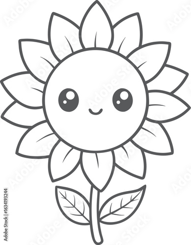 Cute sunflower kawaii coloring page for kids, black and white vector illustration of smiling flower, cartoon-style floral line art, fun printable worksheet for children’s coloring activities