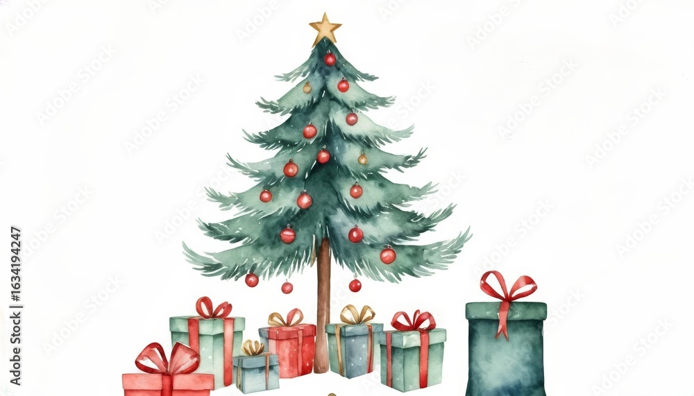 Naklejka premium Image of a Christmas tree with presents underneath. A decorated Christmas tree with wrapped gifts placed beneath, creating a festive and cozy holiday scene.