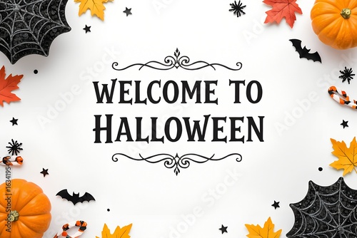 Halloween card with the words (Welcome to Halloween) in the center, white background for Halloween sending.