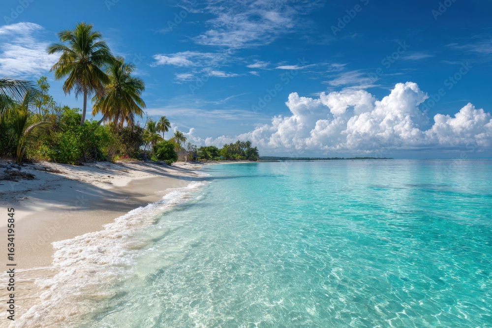 Fototapeta premium Serene beach scene with crystal clear turquoise water gently lapping against white sandy shore, flanked by lush palm trees under a bright blue sky with fluffy clouds.