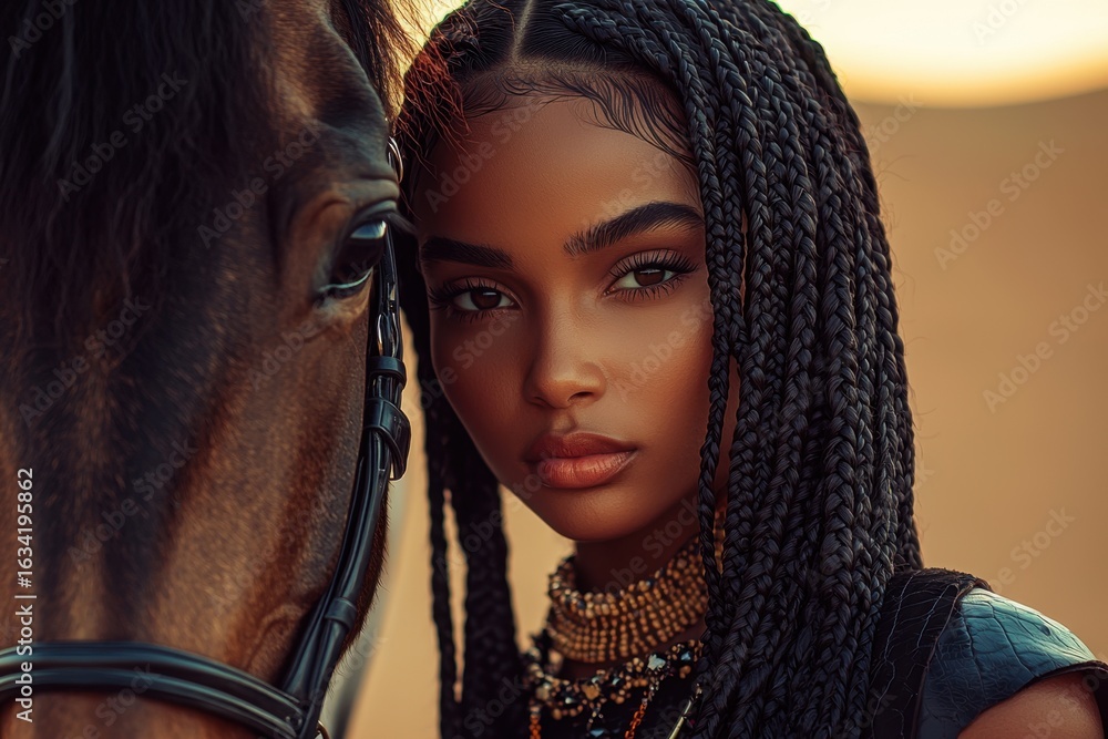 Naklejka premium Close-up of a woman with braided hair and layered jewelry standing beside a horse during sunset
