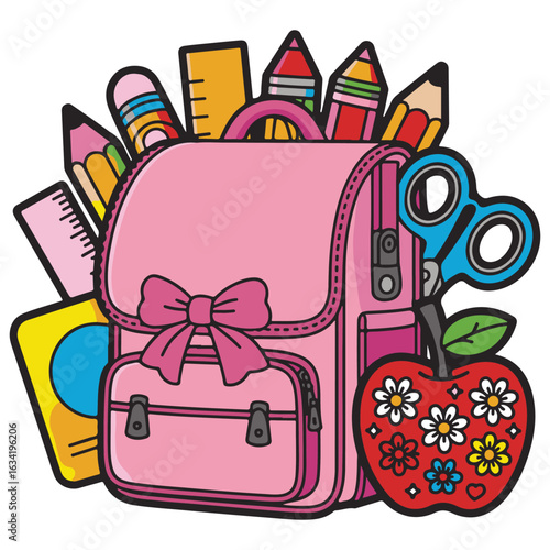 Back to School Backpack with Supplies – Colorful Cartoon Vector