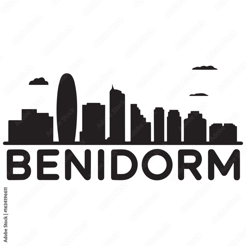 Fototapeta premium Benidorm skyline silhouette. Black Benidorm city. Vector black silhouette. with white background.