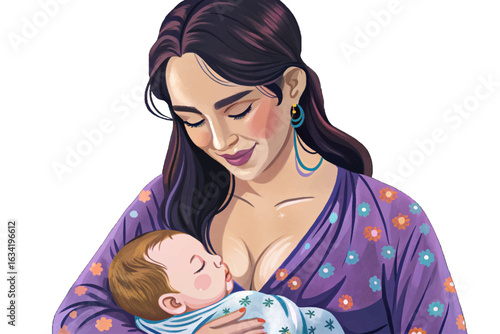 Mother breastfeeding newborn baby, peaceful moment cartoon isolated