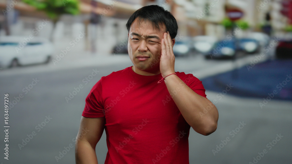 Fototapeta premium Young man in red shirt appears stressed on a busy urban street with cars and blurred buildings in the background, conveying a sense of frustration or headache.