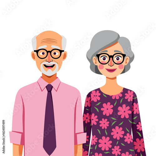 Smiling elderly couple illustration, happy senior man and woman with glasses, cartoon grandparents portrait