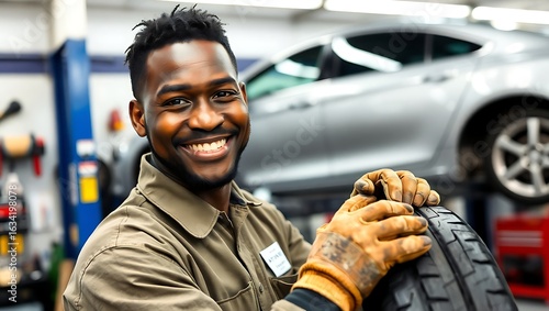 Portrait of smiling african american auto mechanic rolling and preparing tire for changing at car service.
