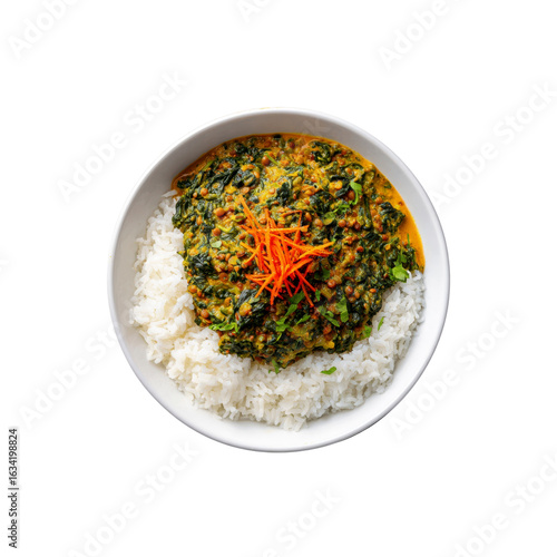 Delicious Saag Paneer with Rice in a White Bowl - Overhead View