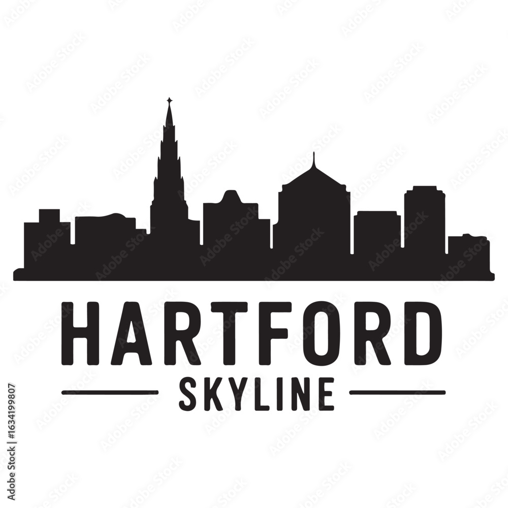 Fototapeta premium Hartford skyline, monochrome silhouette. Vector illustration. Vector black silhouette. with white background.