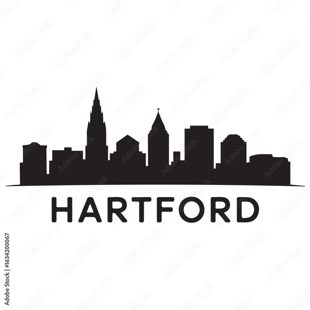 Fototapeta premium Hartford skyline, monochrome silhouette. Vector illustration. Vector black silhouette. with white background.