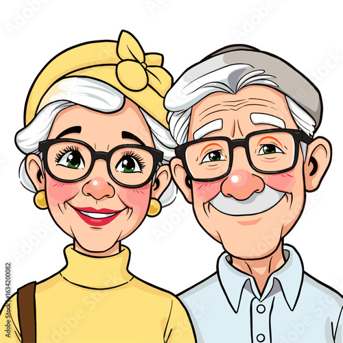Happy Cartoon Elderly Couple with Glasses Illustration