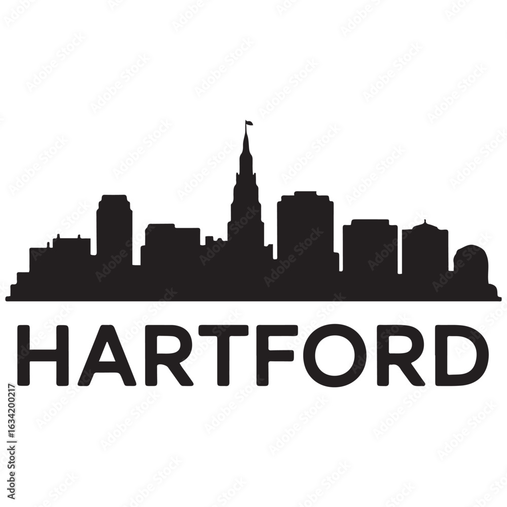 Fototapeta premium Hartford skyline, monochrome silhouette. Vector illustration. Vector black silhouette. with white background.