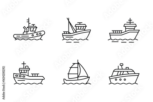  Fishing Boats, Vector Icons of Sea Vessels and Trawlers
