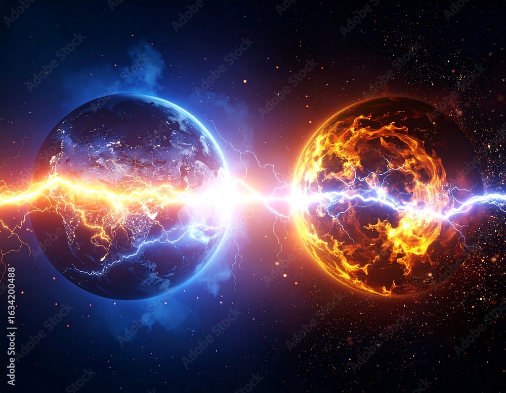 Obraz premium Two planets collide, energy crackling between them. One is fiery, the other icy
