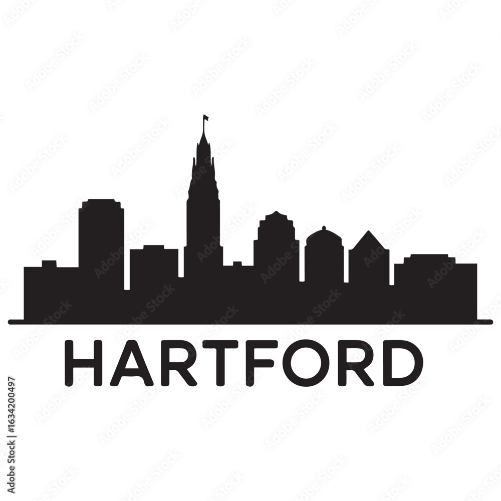 Fototapeta premium Hartford skyline, monochrome silhouette. Vector illustration. Vector black silhouette. with white background.