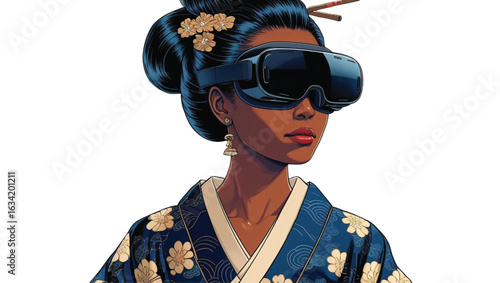 A lady wearing VR glasses in a kimono, merging tradition with modern technology Generative AI.
