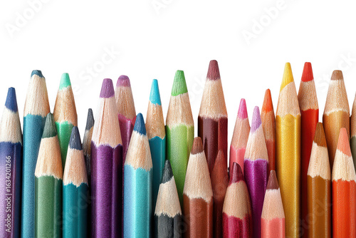 Colorful collection of sharpened colored pencils arranged neatly on a white background for creative arts and crafts activities