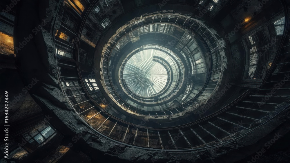 Fototapeta premium Eerie Spiral Staircase Ascending into a Sunlit, Futuristic Dome in Abandoned Structure
