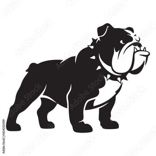 Illustration of a strong bulldog with a spiked collar standing guard and looking tough in black and white
