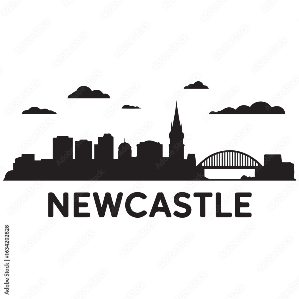Fototapeta premium Newcastle skyline silhouette with. Landscape Newcastle, United Kingdom. Vector illustration. Vector black silhouette. with white background.