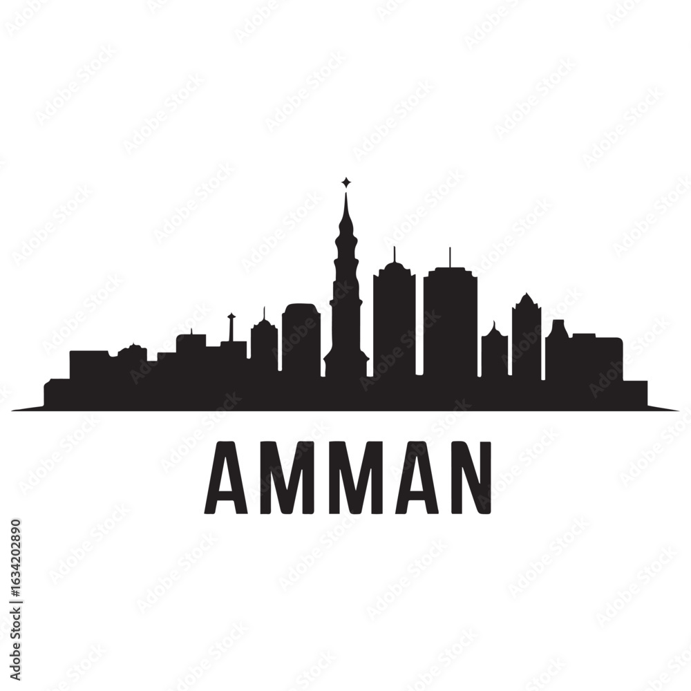 Naklejka premium Amman skyline, monochrome silhouette. Vector illustration. Vector black silhouette. with white background.