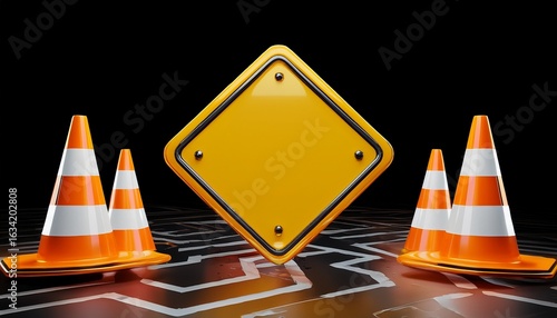 panneau de travaux et cones de signalisation en levitation rendu 3d sur fond transparent