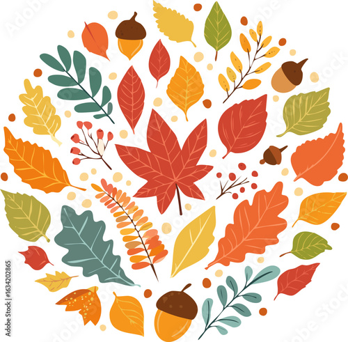 Flat vector illustration of colorful autumn leaves, berries, and acorns in hand-drawn style. Perfect for seasonal design, fall decorations, cards, patterns, and Thanksgiving themes.