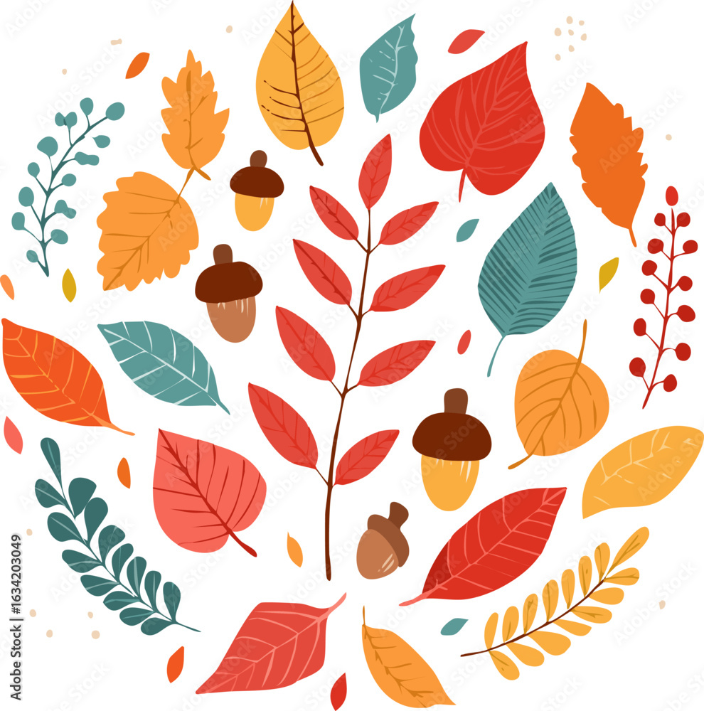 Fototapeta premium Flat vector illustration of colorful autumn leaves, berries, and acorns in hand-drawn style. Perfect for seasonal design, fall decorations, cards, patterns, and Thanksgiving themes.
