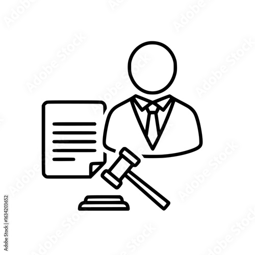 Outline icon of judge with gavel and legal document a minimalist black and white vector icon 
